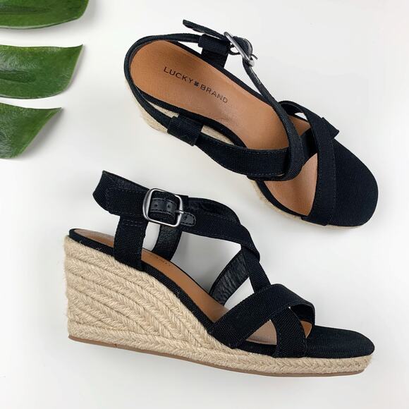 Lucky Brand Shoes - Lucky Brand Mytila Sandals Wedge Espadrille Black Fabric Strappy Women's 7